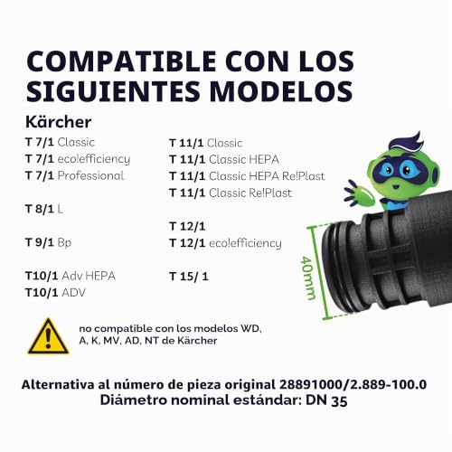 Miniatura 4 de Safe N Clean Manguera De Aspiración De 2 A 5 M Diferentes Longitudes Para Kärcher T7 T8 T9 T10 T11 T12 T15, Manguera De Aspiradora, Repuesto Alternativa Al Original 28891000 2.889-100.0 3 M