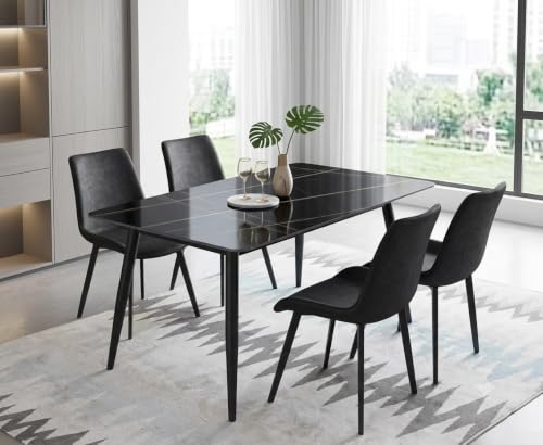 Image of Eclipse Four Seater Faux Marble Dining Set | 15mm Sintered Stone Dining Table | Upholstered Metal Chairs | Galaxy Black (DIY Assembly)
