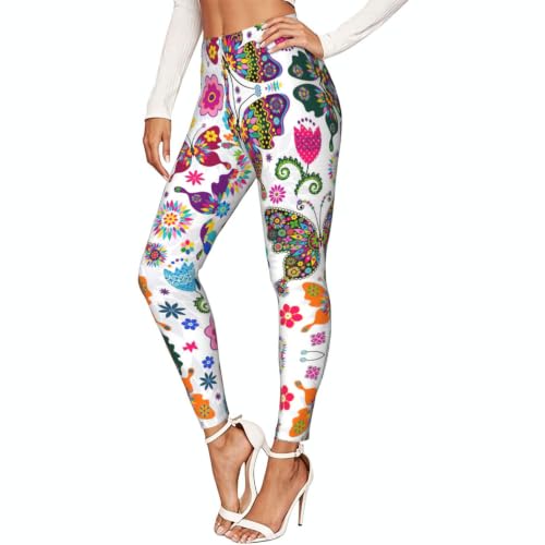 Leggings blancos con mariposas para mujer de cintura alta y tela elástica