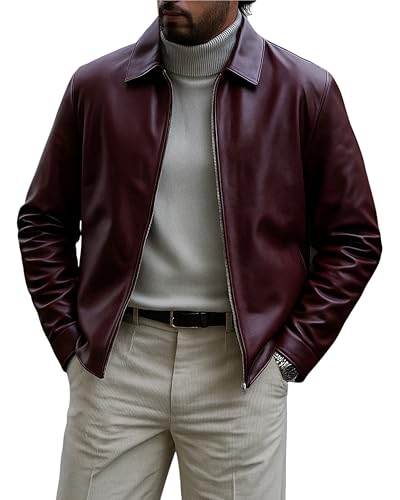 Image of Classic Polo Collar Leather Jacket Men-Work Jackets Turndown Collar Business Casual