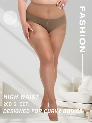 Image of MERYLURE Plus Size Sheer Tights for Women,20D Control Top Pantyhose Reinforced Toes High Waist Stockings 3 Pairs 1XL-6XL