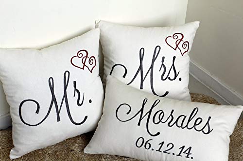 DecorHouzz Embroidered Mr. & Mrs. Personalized Set of 3 pcs Pillow/Pillowcases - Custom Wedding, Couple, Name & Date Cushion, Anniversary Gift