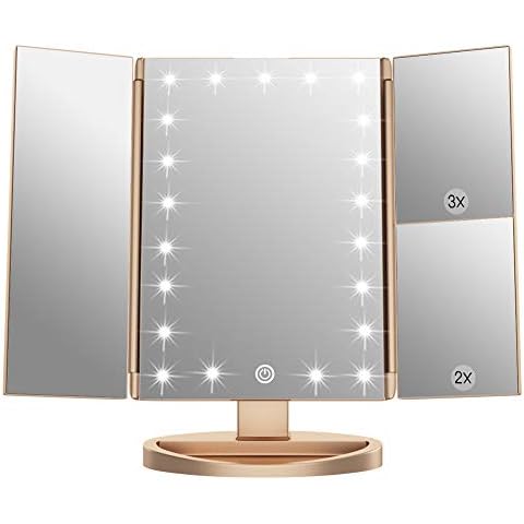 WEILY Trifold Vanity Mirror with Magnification, Natural LED Nights, Touch Screen and Chargable Gold Cover