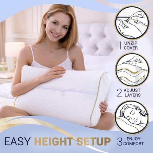 Image of Cervical Memory Foam Pillow-(2 Pack) 4-Layer Adjustable King Size Contour Design for Side Sleepers, Neck Support & Pain Relief, Orthopedic, CertiPUR-US Certified