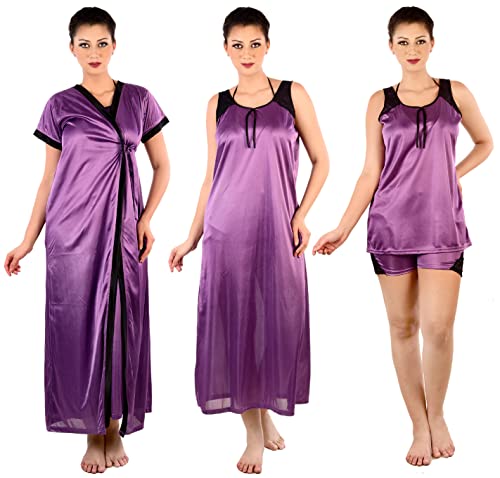 Image of Women's Nightwear Nightdress Nighty,Robe with Top & Shots Set (4pc Set of Robe, Nighty, Top & Shorts)