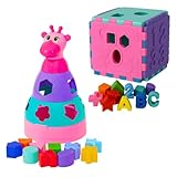 Kit Brinquedos Educativos Bebê 1 Ano Blocos Didáticos Encaixe Formas Cores Coordenação Motora Pedagógico Colorido Atividades (Rosa)