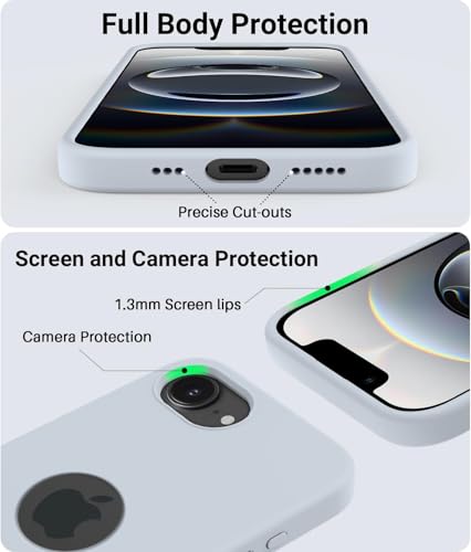 Image of Elzzi Microfiber Logo Cut Cover Compatible for iPhone 16e /17e Case Liquid Silicone Cases Full Body 4 Layer Protective Covers Shockproof Back Cover with High Raised Camera Lips (6.1 inch, Mist Blue)