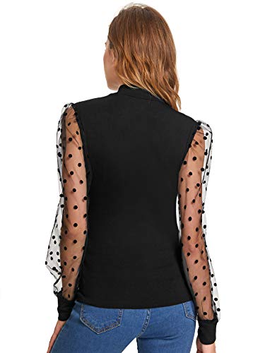 Verdusa Women's Polka Dots Sheer Mesh Long Sleeve Mock Neck Blouse (Small, Black) #TOP6