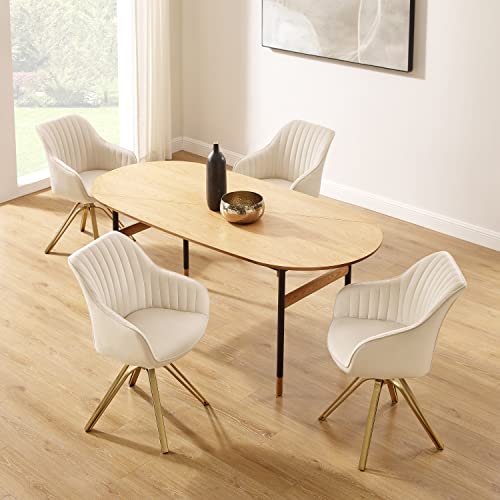 Volans Mid Century Modern Desk Chair No Wheels, Upholstered Swivel Accent Chair With Hollow Brushed Gold Plated Legs Office Chair For Home Office Bedroom, Beige Off White #TOP6