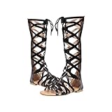  Juleya Damen Gladiator Sandalen Flach Wohnungen Schuhe Sommerschuhe Riemchensandalen Knie hohe Stiefel Peep Toe Sandalen Römersandalen Elegant Reißverschluss Strandschuhe Schnürschuhe Freizeithose 38