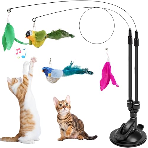Hanpingban 2 in 1 Cat Toys for Bored Indoor Adult Cats,Simulated Chirping Bird Interactive cat Toy with Sticky Super Suction Cup Detachable. (2 Birds)