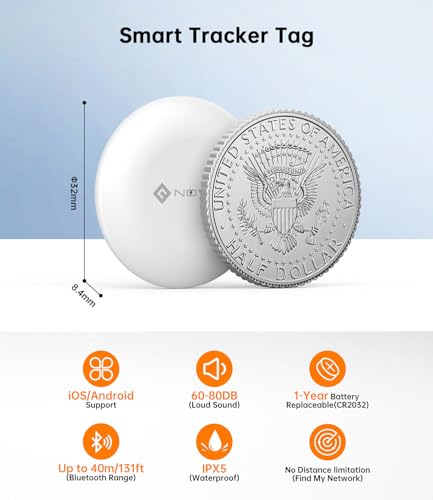 NOVOO Air Tag Tracker, Mini Bluetooth Smart Tracking Tag Compatible with Apple (iOS) & Google (Android) Find My, Loud 80dB Alarm, Replaceable Battery, GPS Tracker for Keys, Passport, Luggage (1-Pack)