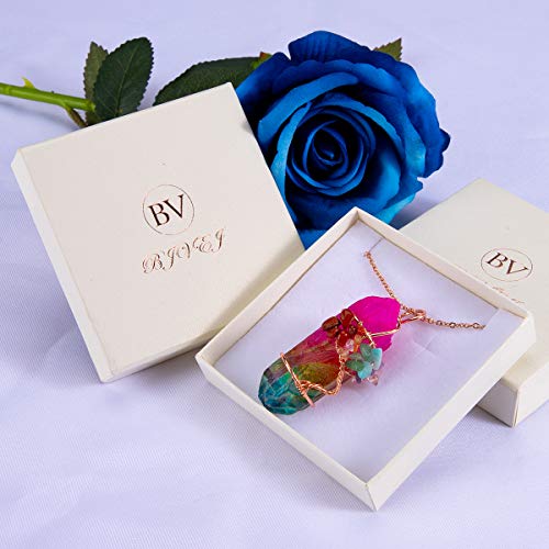 Bivei Tree of Life 7 Chakra Gemstone Copper Wire Wrap Irregular Clear Quartz Point Crystal Pendant Necklace(Rose Gold Plated Chakra-Titanium Coated Multi Color)