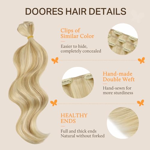 Image of DOORES Clip in Human Hair Extensions, Dirty Blonde Highlight Golden Blonde 24 Inch 120g 7pcs, Human Hair Clip in Extensions Natuarl Remy Straight Hair