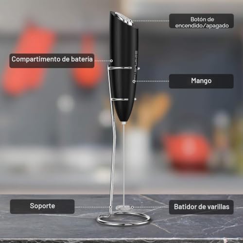 Miniatura 6 de Simpletaste Espumador De Leche Eléctrico De Mano, Con Soporte Acero Inoxidable, Batidor De Café Latté Capuchino 2 Pilas Aa Incluidas -Negro