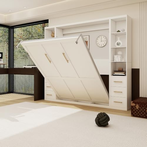 Image of KEIKI Queen Size Vertical Cabinet Murphy Bed with 2 Side Cabinet, Multifunctional Foldable Hideaway Wall Metal Bed Frame with Slats, No Box Spring Needed, Easy Assembly, for Bedroom, Guest room, White