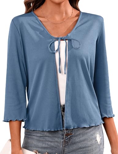 Image of Aiboria Women's Tie Front Shrug 3 /4 Sleeve Ribbed Bolero Lightweight Cropped Cardigan S-XXL
