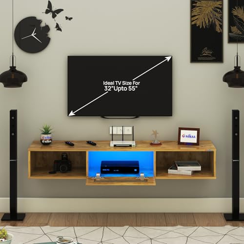 Image of Anikaa Novus Wall Mount Modern Floating TV Unit for Living Room with Open Shelf Storage Cabinet & Middle Cabinet Blue LED Light (Ideal for 32 to 55 inch TV, DIY Installation, Gaintwood Finish)