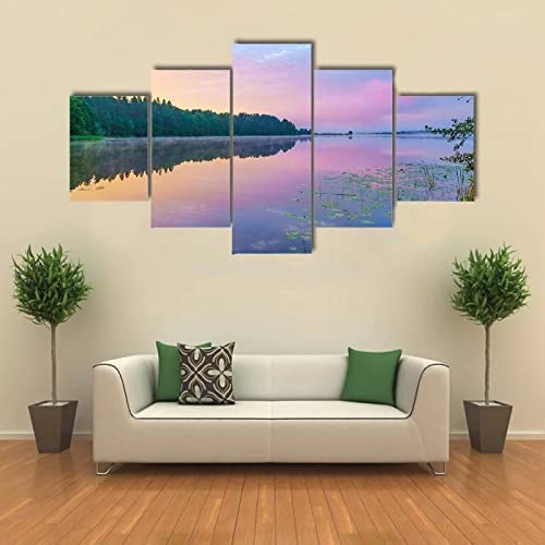 Tableau Multi Panneau 5 Parties Tableau Impression Sur Toile 200×100 Cm 5 Pieces Toile Tableau Tableaux Decor Murale Salon Moderne Lac De La Forêt Du Lever Du Soleil...