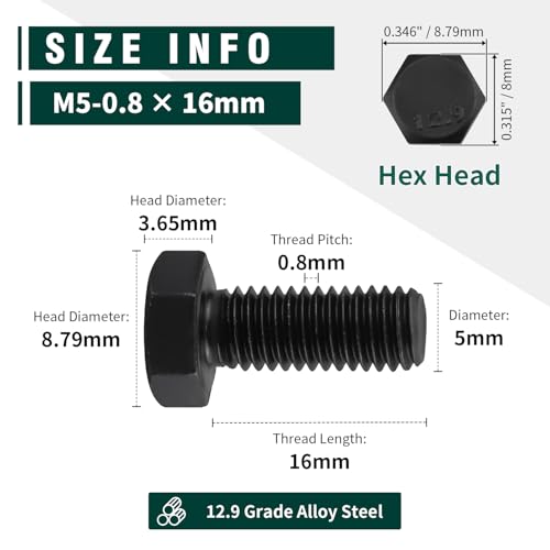 Image of M5-0.8 x 16mm Hex Bolts, High-Strength Metric Class 12.9 Steel Hex Head Screws for Valves Pumps Motors Automotive Suspension Systems, Black Oxide, Full Thread, 50-Pack