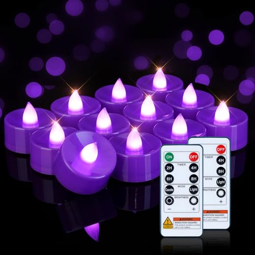 Image of Homemory 24-Pack Purple Remote Flameless Battery Tea Light Candles 400+ Hrs | 2 /4 /6 /8H Timer LED Flickering Tealight Votives for Party Ambience, Halloween Decor, Memorials and Lavender Weddings