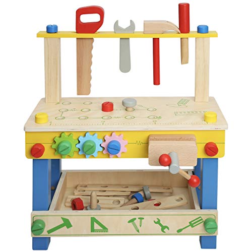 ROBUD Solid Wood Tool Stand Set for Toddlers and Kids, Wooden Workbench Toy