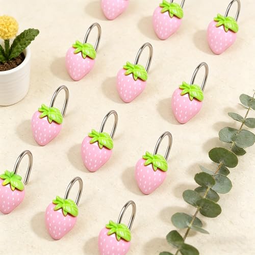 Image of 12-Pack Resin Pink Strawberry Shower Curtain Hooks - Cute Fruit-Themed Shower Curtain Rings for Bathroom and Home Decor