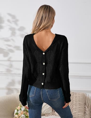 Womens Sexy Off The Shoulder Sweater Spring 2025 Trendy Lightweight Cute Crochet Knit Hollow Out Button Cardigan3