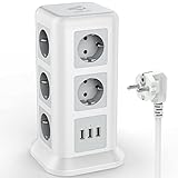 11 Enchufes: Regleta vertical con 11 enchufes. Los 11 enchufes se distribuyen en los cuatro lados de la regleta vertical torre. Regleta vertical tiene suficiente espacio para cada toma. Cuando use esta regleta enchufe, los enchufes no se superpondrán.