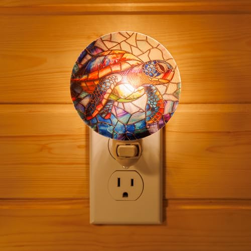 Image of Sea Turtle Stained Glass Styled Night Light - Real Glass Plug-in Wall Light with Warm Glow for Bathroom, Bedroom, or Hallway, Coastal Ocean Beach Home Decor