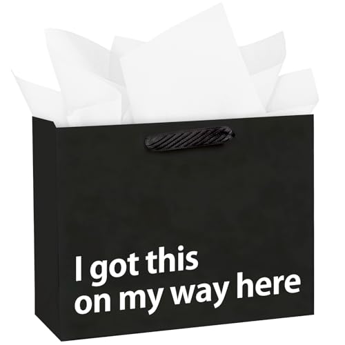 WRAPAHOLIC 13" Large Funny Birthday Gift Bag with Tissue Paper - I Got This On My Way Here Design Paper Bags Perfect for Friend's Bday Party