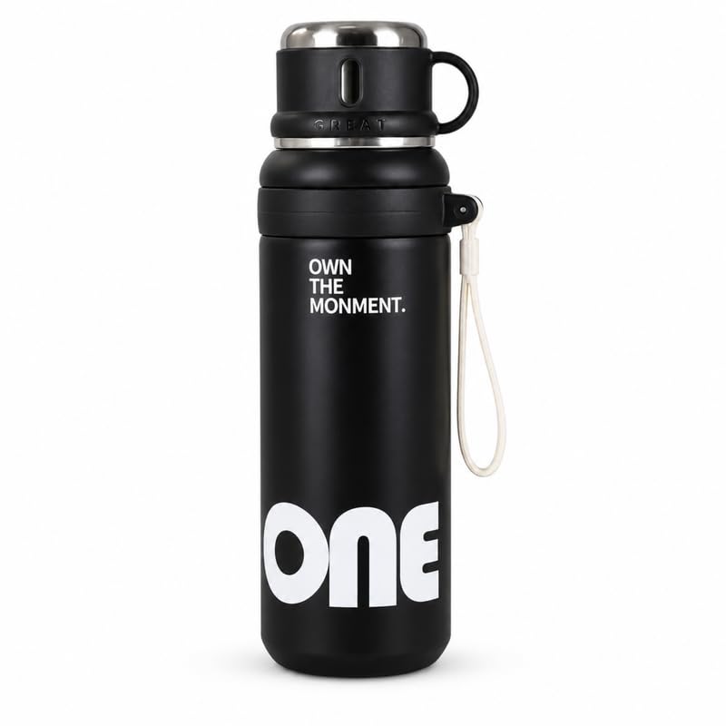 Image of Homero Premium Steel Bottle 1 Litre 1 L, Black Water Bottle with Cup & Straw, Leak Proof Sleek Metal Design for Office, Gym, School, College & Travel Use - Midnight Black