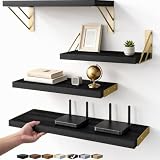 BAYKA Floating Shelves for Bedroom Decor, Wall Shelves for Storage, Wall Mounted Rustic Wood Floating Shelf for Books,Corner Shelf for Bathroom,Kitchen,Living Room(Black and Gold，Set of 4)
