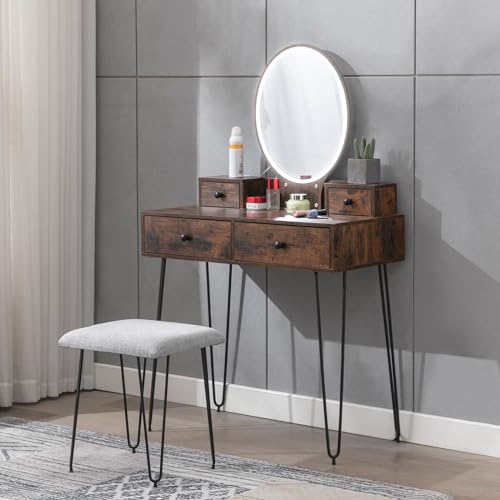 ijuicy Vanity Desk Set with Lighted Round Mirror, Makeup Vanity Table with 4 Storage Drawers, Makeup Dressing Table with Soft Cushioned Stool for Bedroom/Living Room (Retro Brown/White)