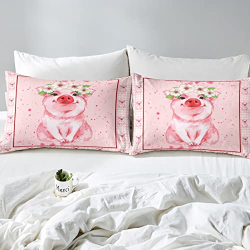 Erosebridal Cute Pig Duvet Cover For Girls,Flowers Florals Comforter Cover Twin Pink Grid Lattice Plaid Bedding Set Cartoon Animal Bedding Collection Farmhouse Wildlife Theme Bedroom Living Room #TOP3