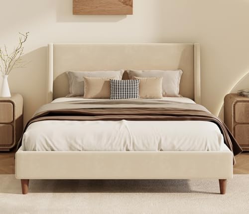 Image of Merax Velvet Queen Size Bed Frame with Wingback Headboard, Solid Wood Upholstered Platform with Round Legs, No Box Spring Needed, Beige
