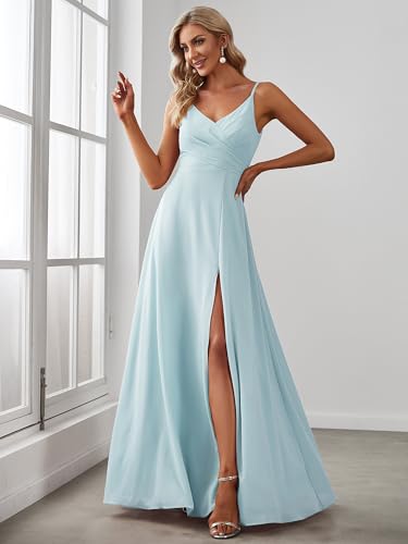 Image of Ever-Pretty Women's Summer Backless Spaghetti Straps Bridesmaid Dresses Chiffon V-Neck Slit Long Formal Wedding Guest Dress
