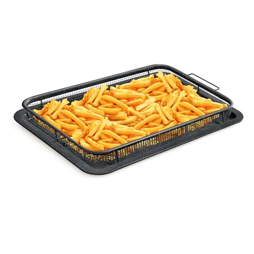 Image of Bakken- Swiss Crisper Tray Gray Marble Coating - 2-Piece Set – Large, Non-Stick Basket Design for Healthier Cooking in Regular Ovens - Achieve Perfectly Crispy Chips, Bacon, and More