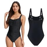 Maillot de Bain Femme 1 Pièce Grande Taille Gainant Ventre Plat Sexy, S XXL, Réglable Maillots Mayo de Bain Push Up Rembourré, Design Froncé, Bikini pour Plage Piscine Natation, Noir