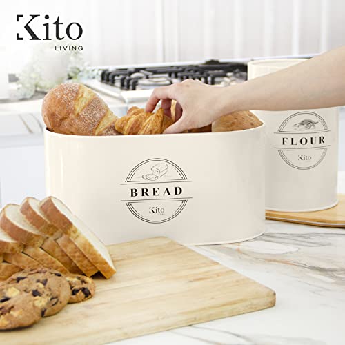 Kito Living Bread And Flour Containers With Airtight Lids, Flour And Bread Canister Sets For Kitchen Counter With Wooden Bamboo Lid, Stackable Food Storage Containers For Pantry Organization (Cream) #TOP5