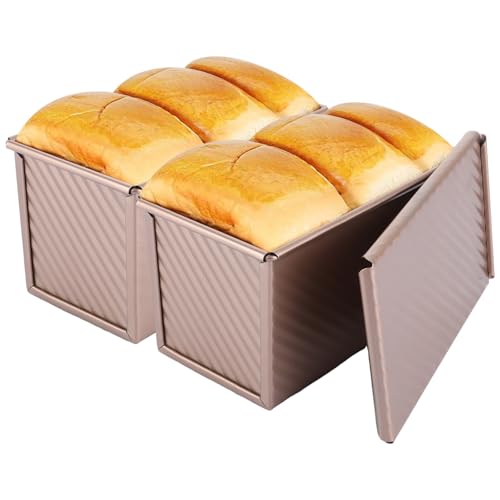 VIDETOL 2 Pcs Pullman Loaf Tin with Lid, 450g (1lb) Gold Non-Stick Bread Tin with Accessory, Carbon Steel Loaf Tins for Baking, Toast and Cake