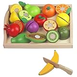 【10 FRUTAS, 22 PIEZAS】 - El juego de comida de madera para juegos de rol incluye 10 frutas preciosas (cada una se puede cortar en dos), incluyendo ciruela amarilla, pera, manzana, naranja, papaya, ciruela morada, kiwi, limón, granada, plátano, y 1 cuchillo de madera, 1 bandeja de madera.