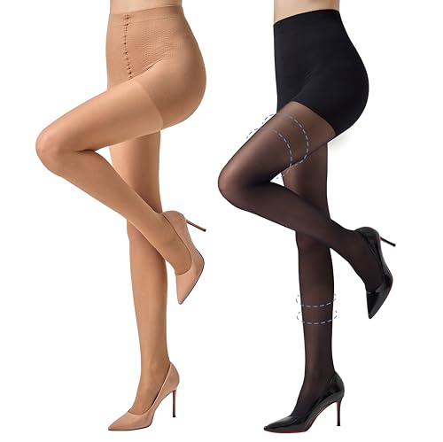 MANZI 2 Pairs Compression Tights 30D Sheer Shapewear Pantyhose Firm Support Tights for Women Black Natural M
