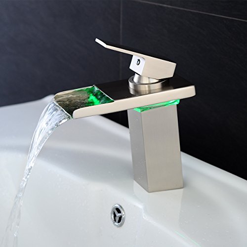 Sprinkle® Stylish Single Handle Nickel Brushed Led Waterfall Bathroom Sink Faucet Led Colors Changing Tap Temperature Control Light #TOP4