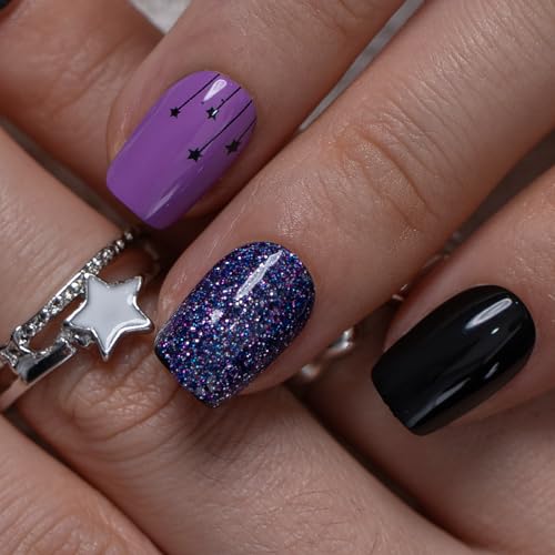 Image of CurvLife Soft Gel Squoval Press-On Nails Short, Reusable Fake Nails with Glue & Adhesive Tabs, 30PCS Salon-Quality Stick-On Nails for At-Home Manicure (Cosmic Dusk)