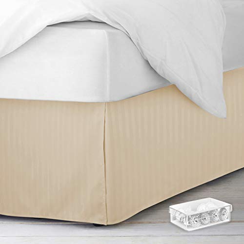 Image of Nestl Full Size Bed Skirt - Damask Dobby Stripe Wrap Around Bed Skirt Full Size - Double Brushed Microfiber 14 in Tailored Drop Pleated Bed Ruffle with Bed Skirt Pins - Cream
