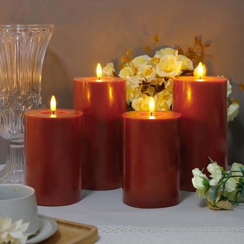 Image of Flameless Flickering 4 inch x6 inch Real Wax Burgundy Remote Candles with Candle Grease, Pack of 2 Timer LED Battery Operated Fake Warm Light Pillar Candles for Home, Banquet, Ceremony Decoration
