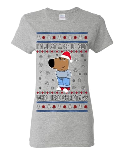 I'm Just a Chill Guy Who Likes Christmas, Viral Dog My New Character Meme Coin CHILLGUY Funny Internet Memes Ugly Christmas Sweater Womens Graphic T-Shirt, Heather Grey, X-Large