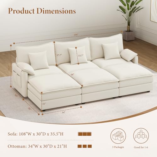 Image of Vesgantti 108 inch Sectional Sleeper Sofa, 6-Seater Oversized Modular Cloud Couch with Movable Ottoman, Chenille Large Sofa Bed Convertible Deep Seat Couches for Living Room, Bedroom and Apartment, White