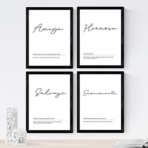 Nacnic   Set 4 Láminas Palabras, Caligrafía, Definición   Estilo Nórdico Blanco y Negro   Poster Regalo   Decoración Mural Minimalista para el Hogar